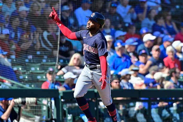 Feb 27, 2023; Mesa, Arizona, USA; Cleveland Guardians center fielder Roman Quinn (4) celebrates after hitting a two-run home run in the second inning against the Chicago Cubs during a spring training game at Sloan Park. Mandatory Credit: Matt Kartozian-USA TODAY Sports